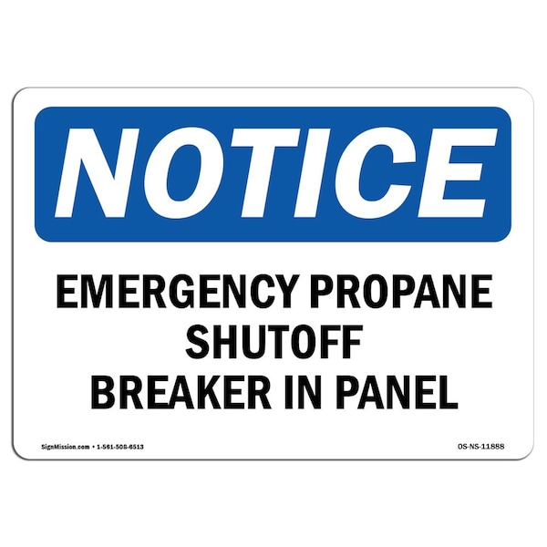 OSHA Notice Sign, 3.5" H, Emergency Propane Shutoff Breaker In Panel Sign, Landscape, 10PK